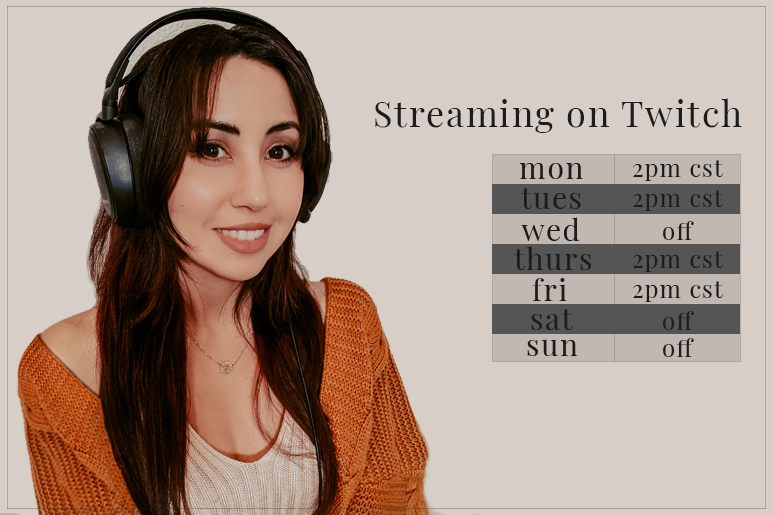 twitch.tv/traceycola schedule: monday, tuesday, thursday, friday 2pm cst